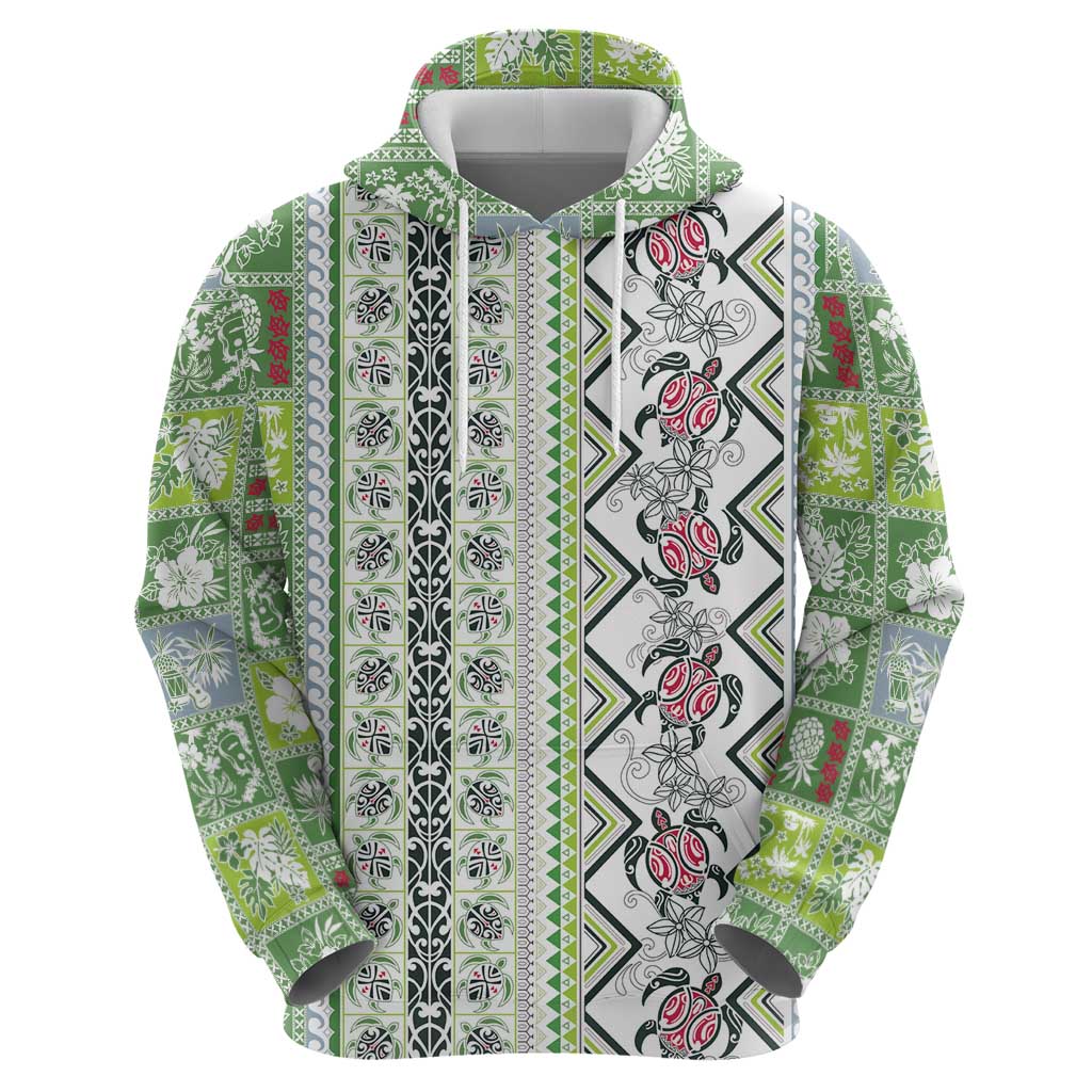 Hawaii Makahiki Turtle Zip Hoodie Green Tapa Pattern - Polynesian Pride