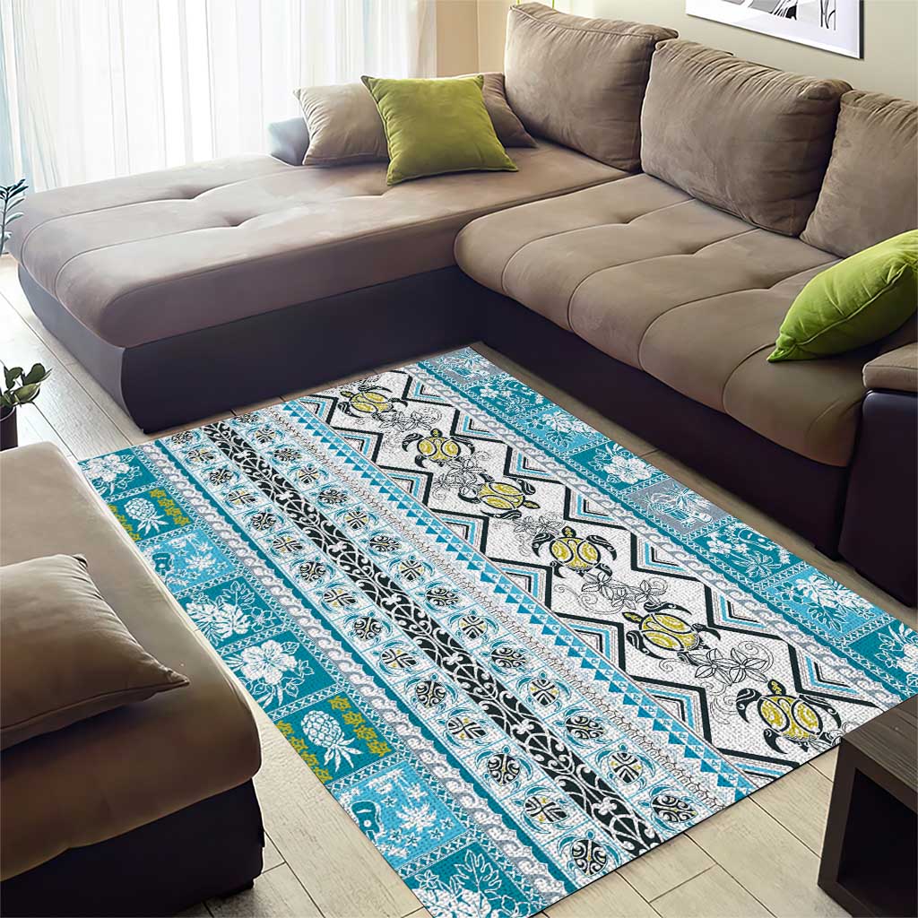 Hawaii Makahiki Turtle Area Rug Blue Tapa Pattern - Polynesian Pride