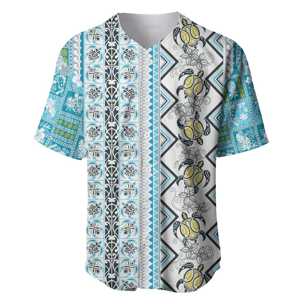 Hawaii Makahiki Turtle Baseball Jersey Blue Tapa Pattern - Polynesian Pride
