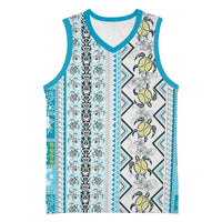 Hawaii Makahiki Turtle Basketball Jersey Blue Tapa Pattern - Polynesian Pride