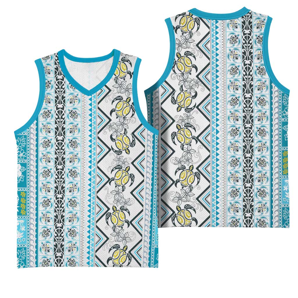 Hawaii Makahiki Turtle Basketball Jersey Blue Tapa Pattern - Polynesian Pride