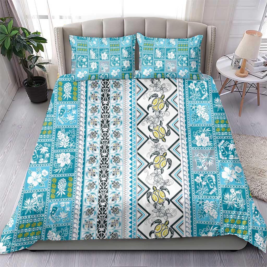 Hawaii Makahiki Turtle Bedding Set Blue Tapa Pattern - Polynesian Pride