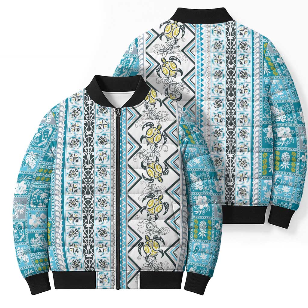 Hawaii Makahiki Turtle Bomber Puffer Jacket Blue Tapa Pattern - Polynesian Pride