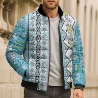 Hawaii Makahiki Turtle Bomber Puffer Jacket Blue Tapa Pattern - Polynesian Pride