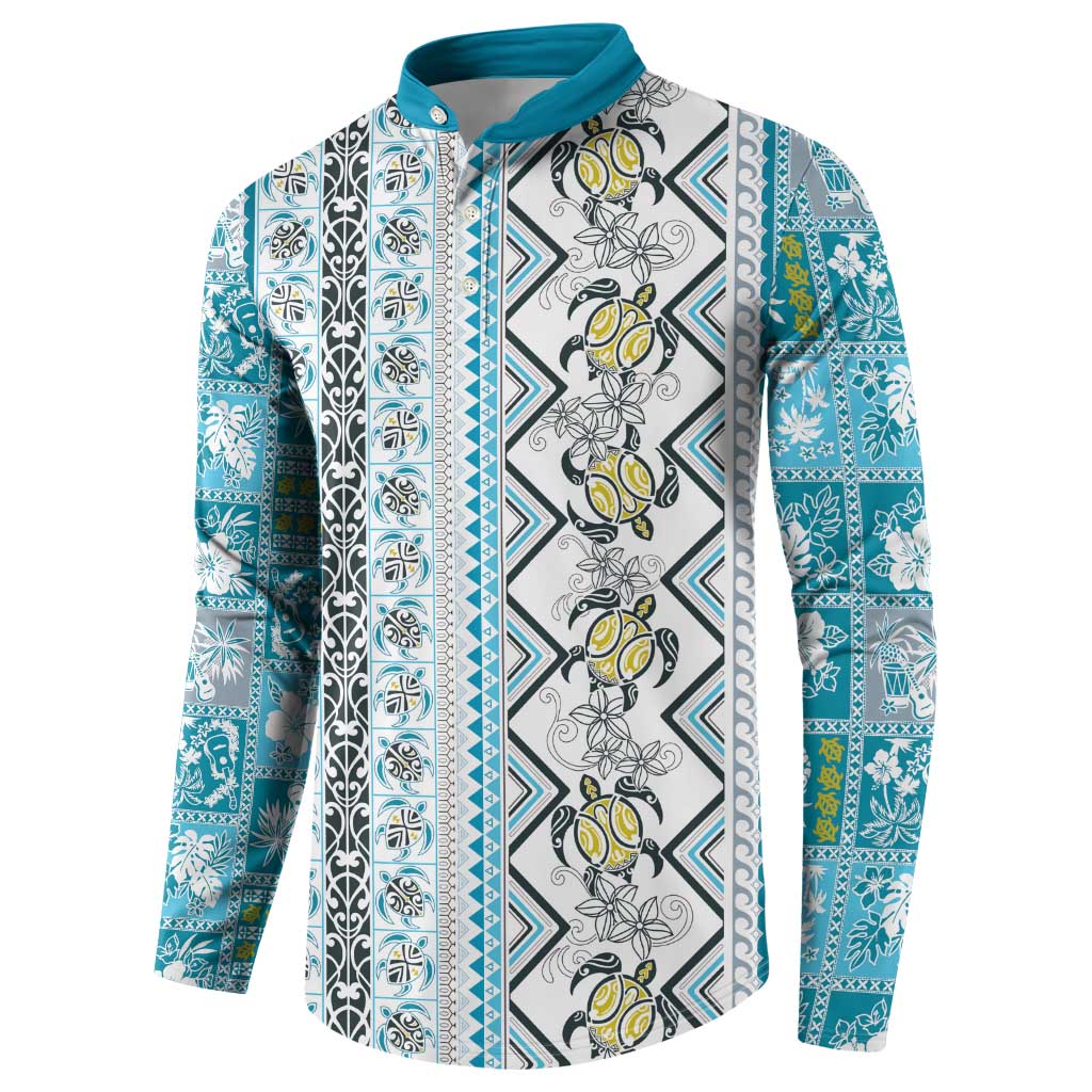 Hawaii Makahiki Turtle Button Sweatshirt Blue Tapa Pattern - Polynesian Pride