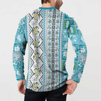Hawaii Makahiki Turtle Button Sweatshirt Blue Tapa Pattern - Polynesian Pride