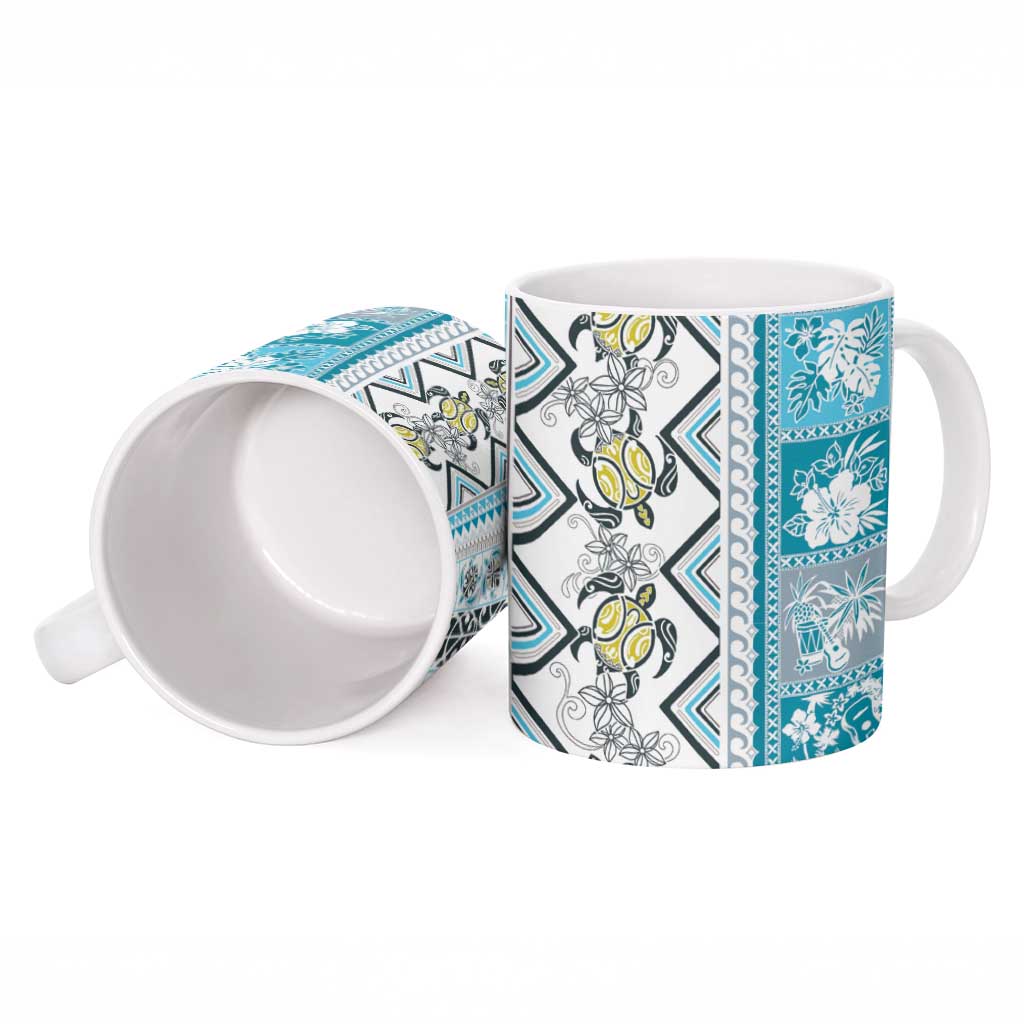 Hawaii Makahiki Turtle Ceramic Mug Blue Tapa Pattern - Polynesian Pride