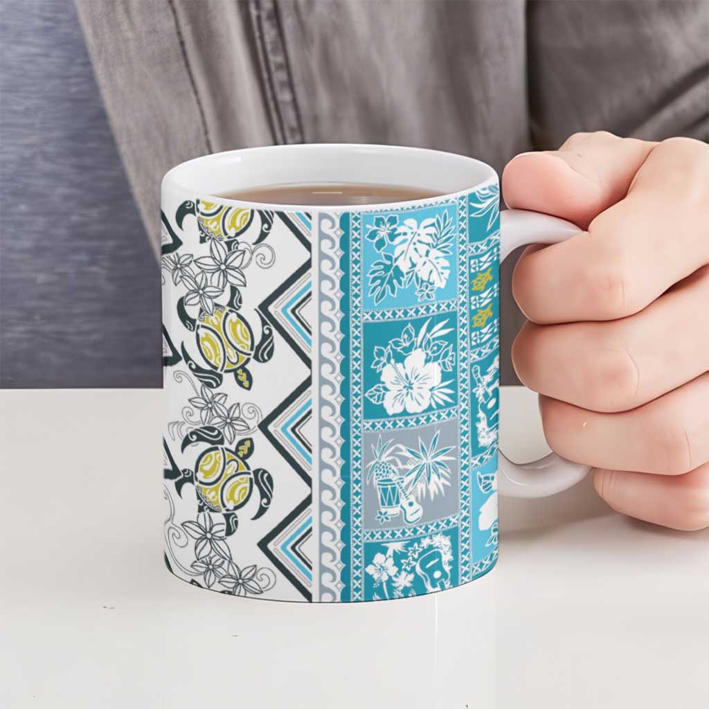 Hawaii Makahiki Turtle Ceramic Mug Blue Tapa Pattern - Polynesian Pride