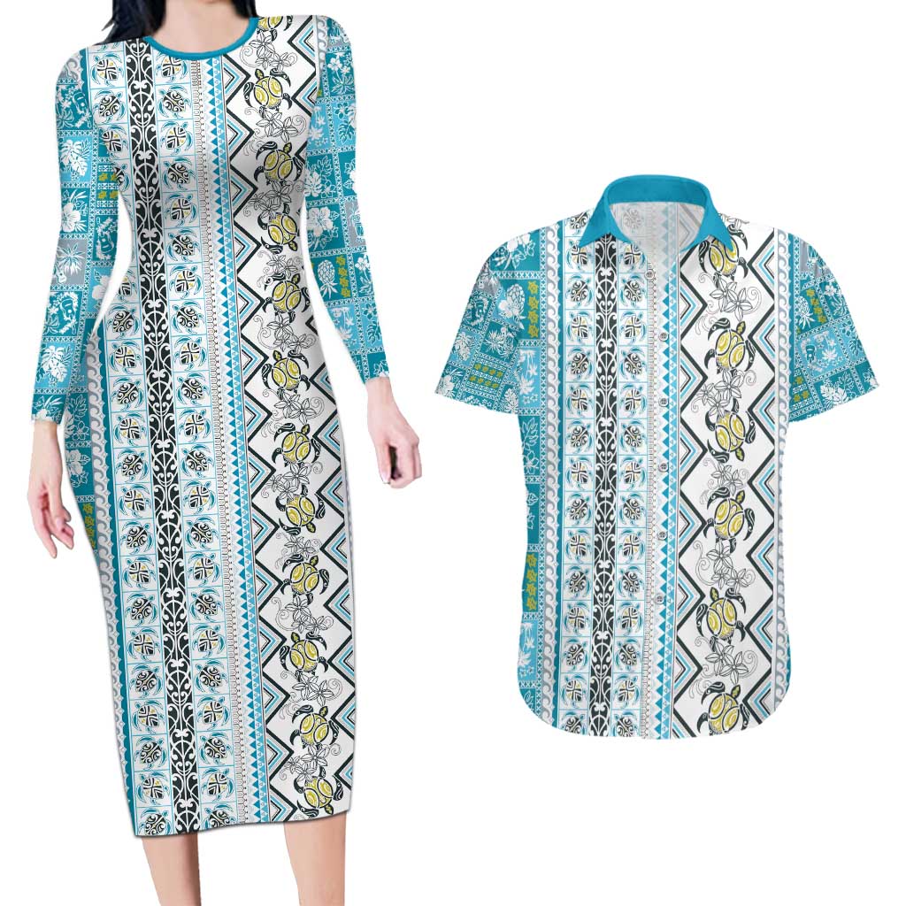 Hawaii Makahiki Turtle Couples Matching Long Sleeve Bodycon Dress and Hawaiian Shirt Blue Tapa Pattern - Polynesian Pride
