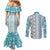 Hawaii Makahiki Turtle Couples Matching Mermaid Dress and Long Sleeve Button Shirt Blue Tapa Pattern - Polynesian Pride