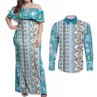Hawaii Makahiki Turtle Couples Matching Off Shoulder Maxi Dress and Long Sleeve Button Shirt Blue Tapa Pattern - Polynesian Pride