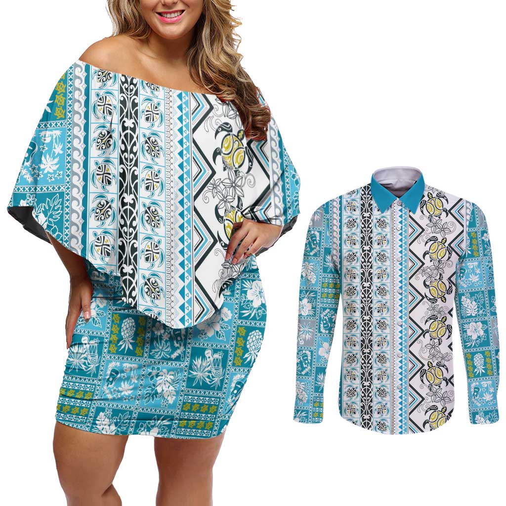 Hawaii Makahiki Turtle Couples Matching Off Shoulder Short Dress and Long Sleeve Button Shirt Blue Tapa Pattern - Polynesian Pride