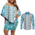 Hawaii Makahiki Turtle Couples Matching Off Shoulder Short Dress and Long Sleeve Button Shirt Blue Tapa Pattern - Polynesian Pride