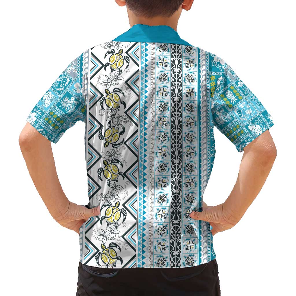 Hawaii Makahiki Turtle Family Matching Long Sleeve Bodycon Dress and Hawaiian Shirt Blue Tapa Pattern - Polynesian Pride