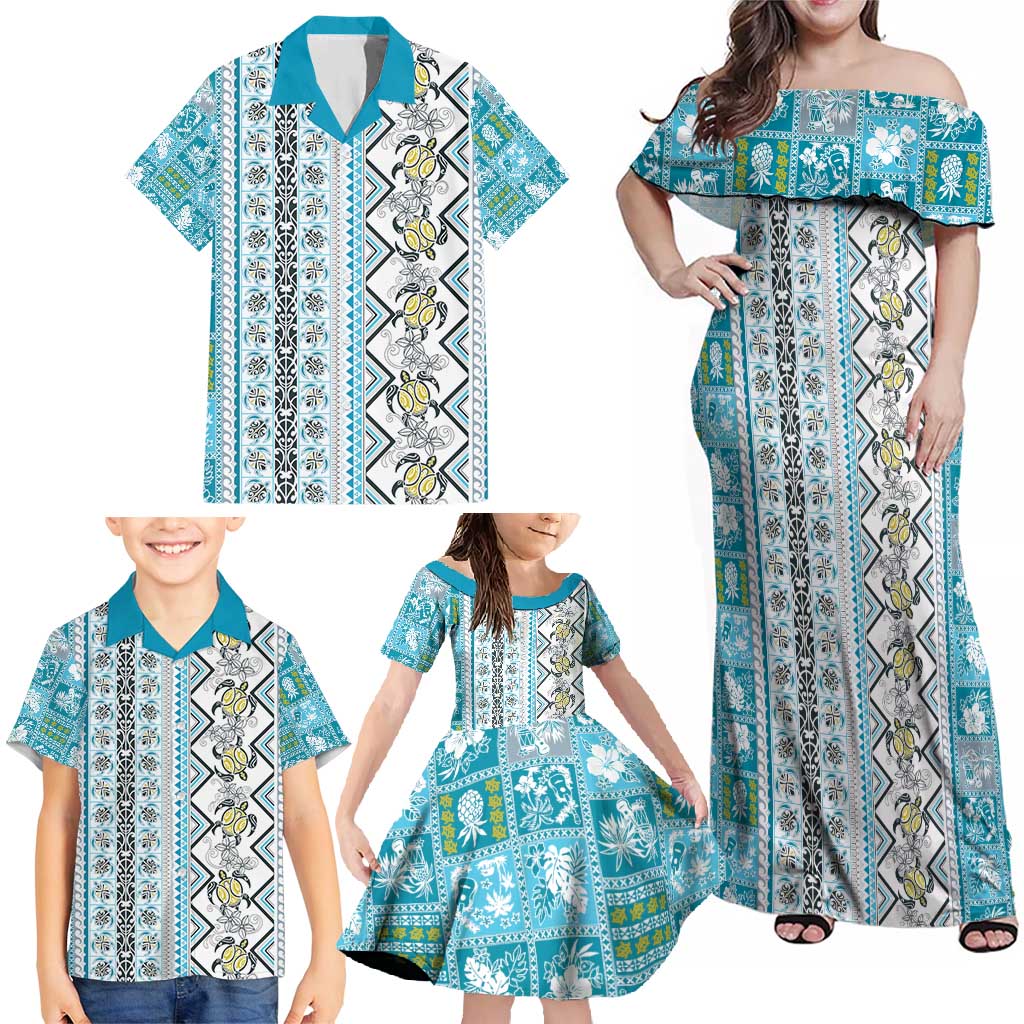 Hawaii Makahiki Turtle Family Matching Off Shoulder Maxi Dress and Hawaiian Shirt Blue Tapa Pattern - Polynesian Pride