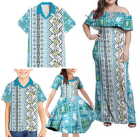 Hawaii Makahiki Turtle Family Matching Off Shoulder Maxi Dress and Hawaiian Shirt Blue Tapa Pattern - Polynesian Pride