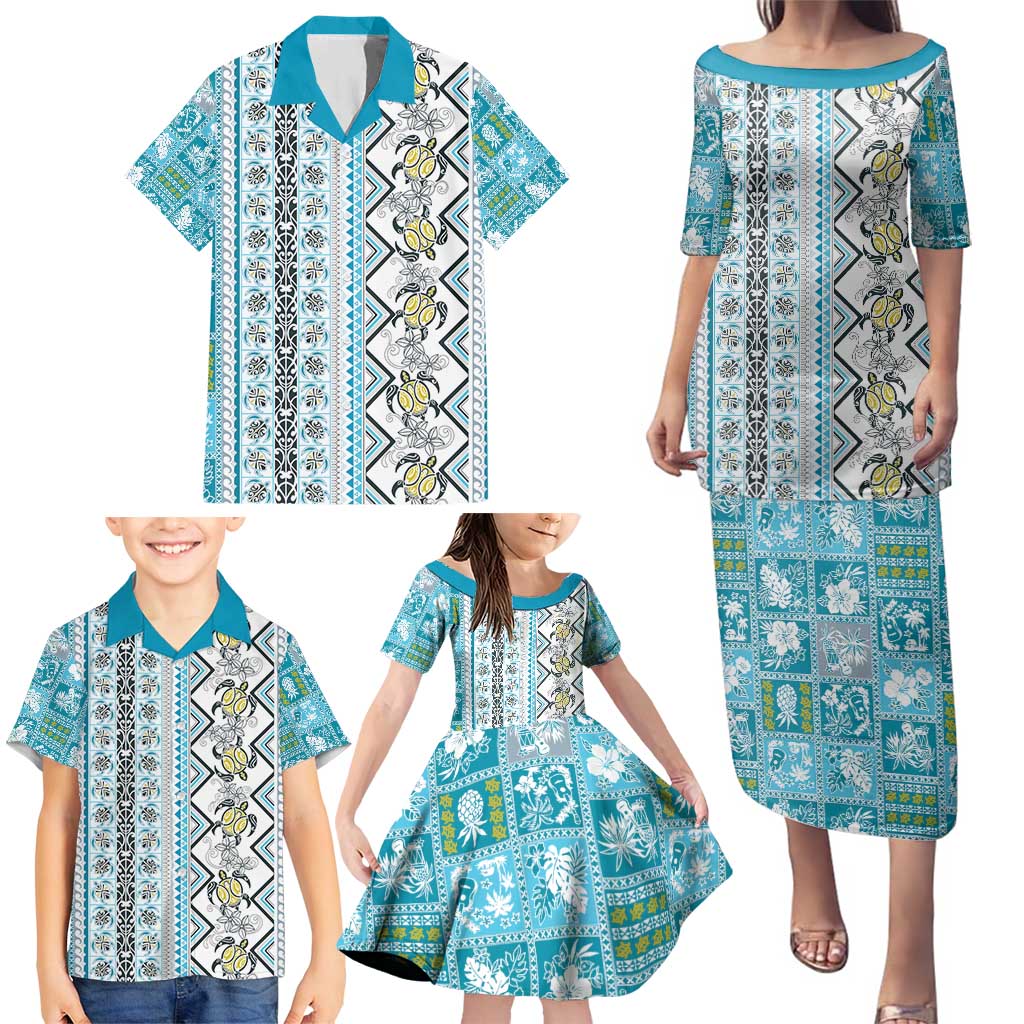 Hawaii Makahiki Turtle Family Matching Puletasi and Hawaiian Shirt Blue Tapa Pattern - Polynesian Pride