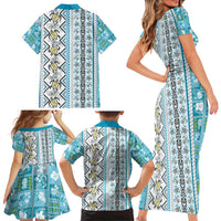 Hawaii Makahiki Turtle Family Matching Short Sleeve Bodycon Dress and Hawaiian Shirt Blue Tapa Pattern - Polynesian Pride