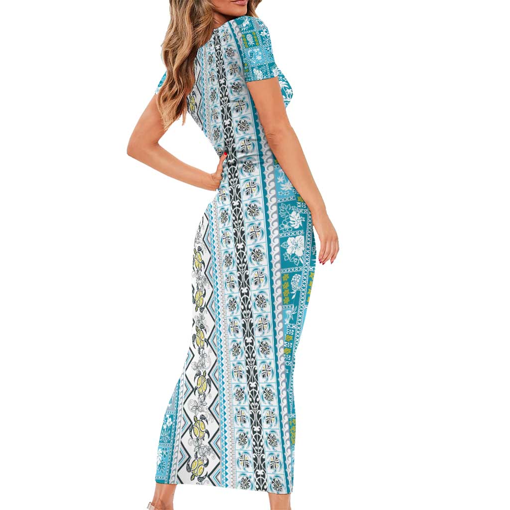 Hawaii Makahiki Turtle Family Matching Short Sleeve Bodycon Dress and Hawaiian Shirt Blue Tapa Pattern - Polynesian Pride