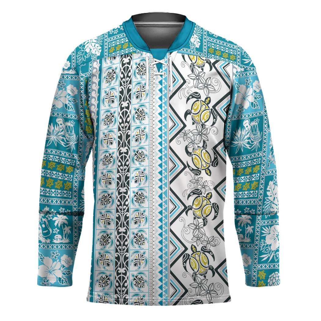 Hawaii Makahiki Turtle Hockey Jersey Blue Tapa Pattern - Polynesian Pride