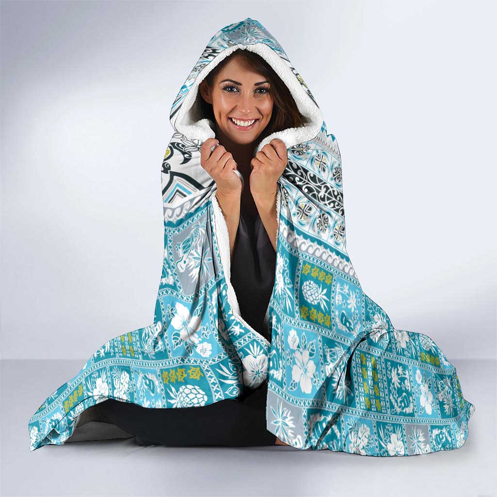 Hawaii Makahiki Turtle Hooded Blanket Blue Tapa Pattern - Polynesian Pride