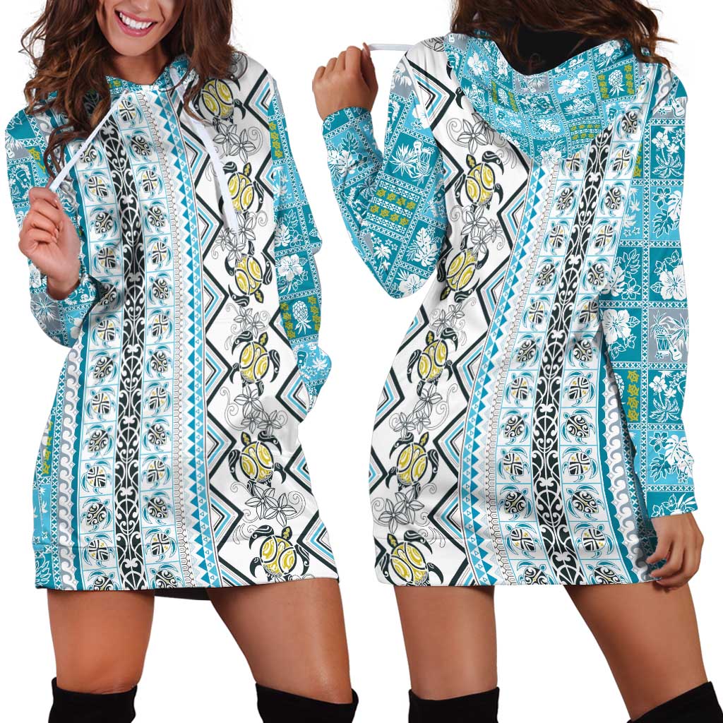 Hawaii Makahiki Turtle Hoodie Dress Blue Tapa Pattern - Polynesian Pride