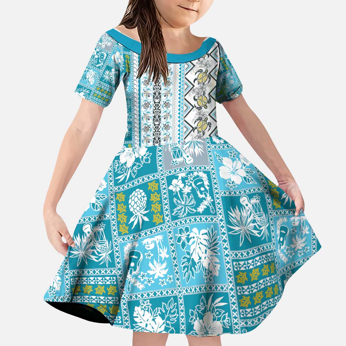 Hawaii Makahiki Turtle Kid Short Sleeve Dress Blue Tapa Pattern - Polynesian Pride