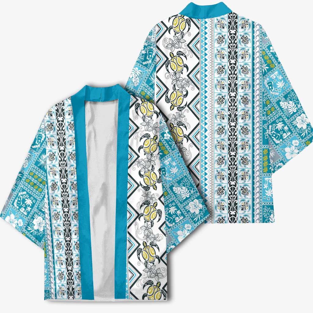 Hawaii Makahiki Turtle Kimono Blue Tapa Pattern - Polynesian Pride
