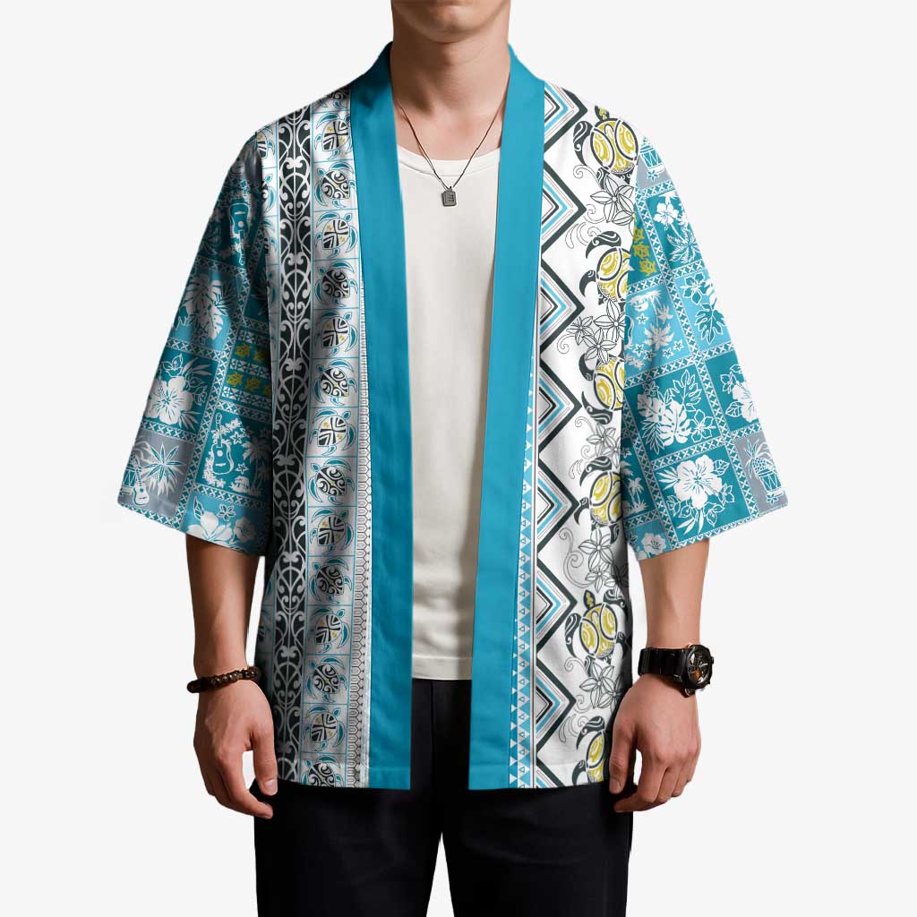 Hawaii Makahiki Turtle Kimono Blue Tapa Pattern - Polynesian Pride
