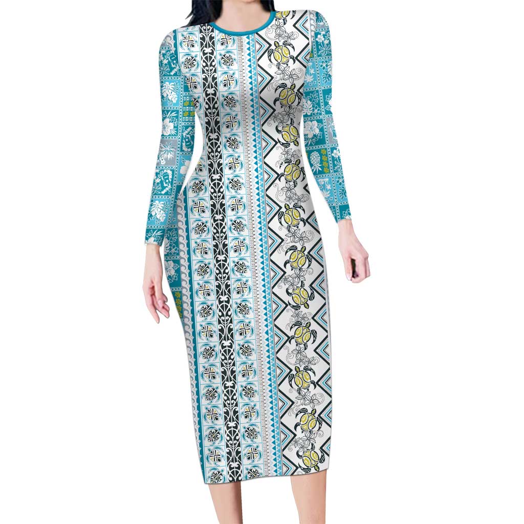 Hawaii Makahiki Turtle Long Sleeve Bodycon Dress Blue Tapa Pattern - Polynesian Pride