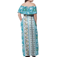 Hawaii Makahiki Turtle Off Shoulder Maxi Dress Blue Tapa Pattern - Polynesian Pride