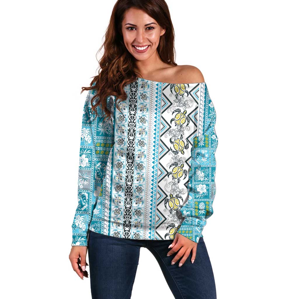 Hawaii Makahiki Turtle Off Shoulder Sweater Blue Tapa Pattern - Polynesian Pride