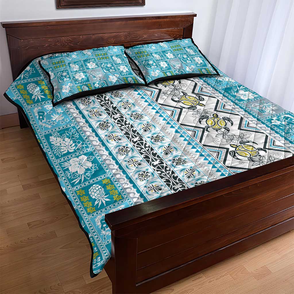 Hawaii Makahiki Turtle Quilt Bed Set Blue Tapa Pattern - Polynesian Pride
