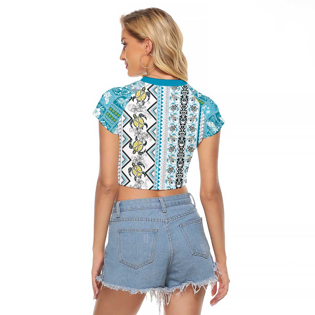 Hawaii Makahiki Turtle Raglan Cropped T Shirt Blue Tapa Pattern - Polynesian Pride