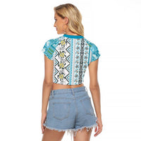 Hawaii Makahiki Turtle Raglan Cropped T Shirt Blue Tapa Pattern - Polynesian Pride