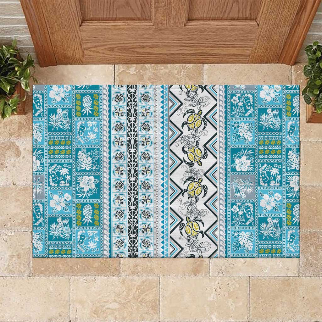 Hawaii Makahiki Turtle Rubber Doormat Blue Tapa Pattern - Polynesian Pride