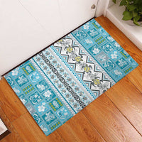 Hawaii Makahiki Turtle Rubber Doormat Blue Tapa Pattern - Polynesian Pride