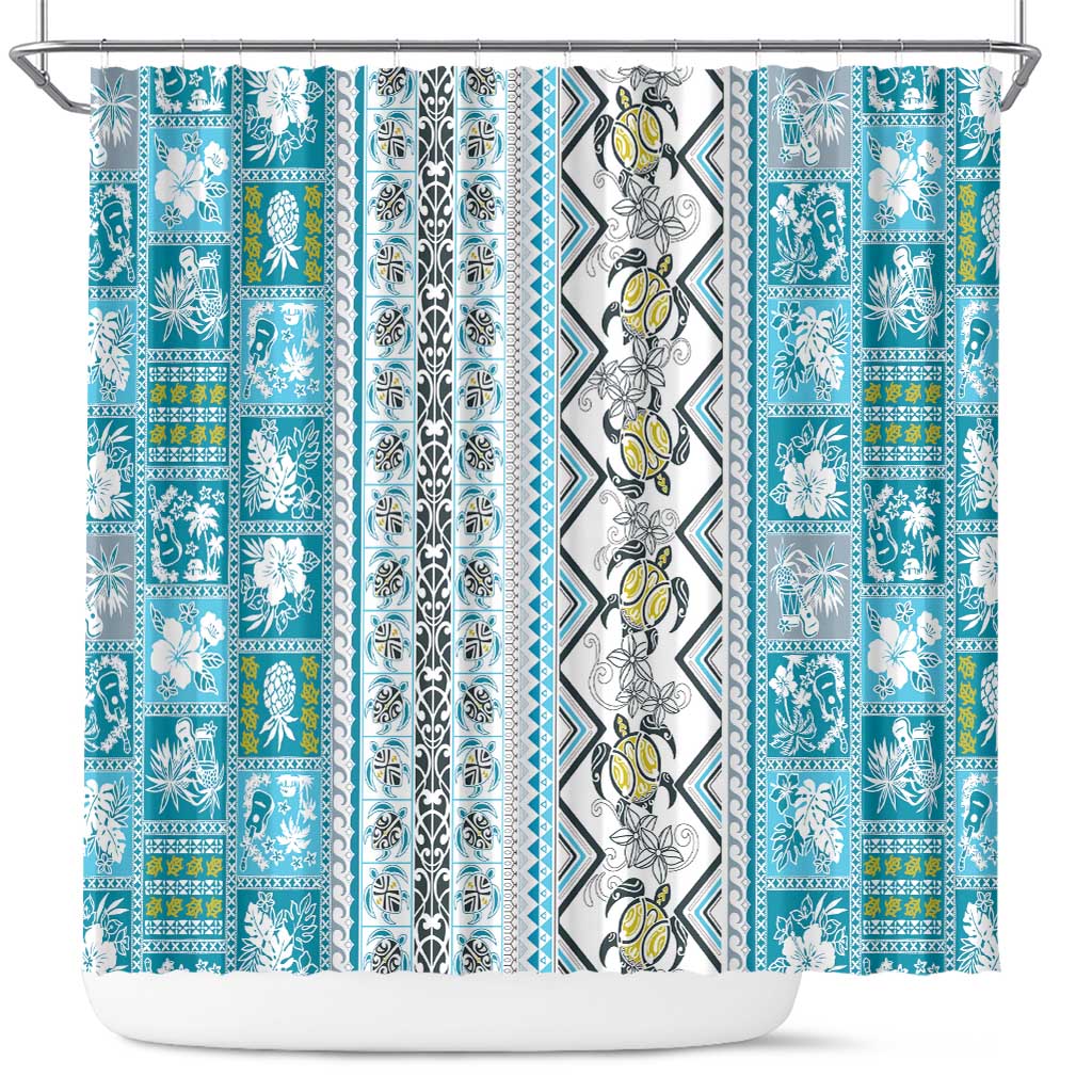 Hawaii Makahiki Turtle Shower Curtain Blue Tapa Pattern - Polynesian Pride