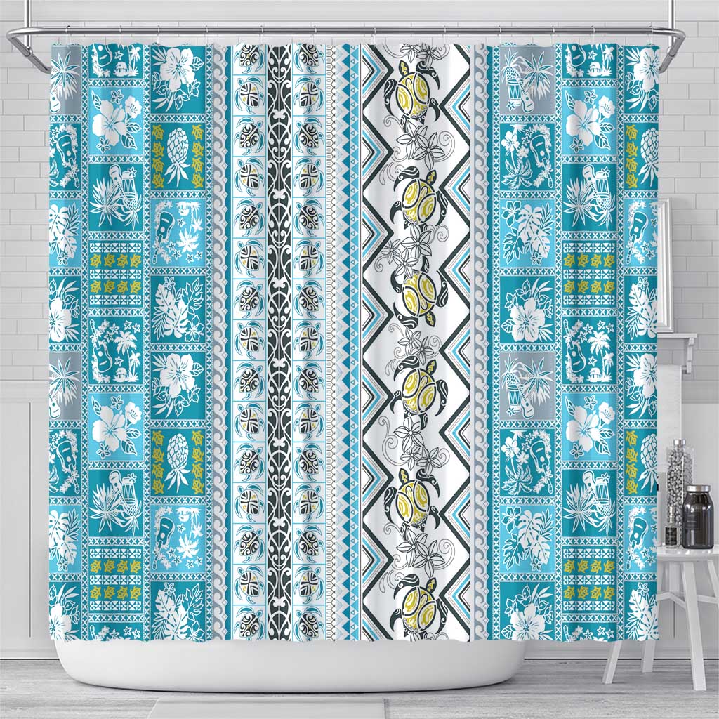 Hawaii Makahiki Turtle Shower Curtain Blue Tapa Pattern - Polynesian Pride