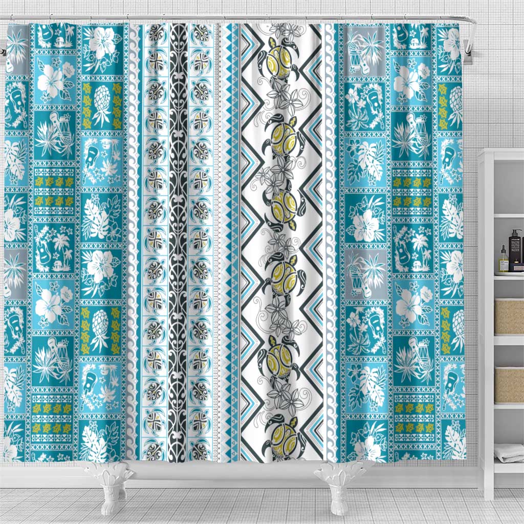 Hawaii Makahiki Turtle Shower Curtain Blue Tapa Pattern - Polynesian Pride