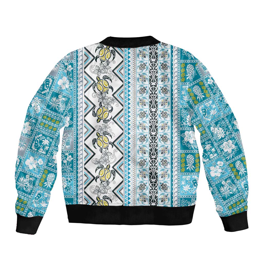 Hawaii Makahiki Turtle Sleeve Zip Bomber Jacket Blue Tapa Pattern - Polynesian Pride