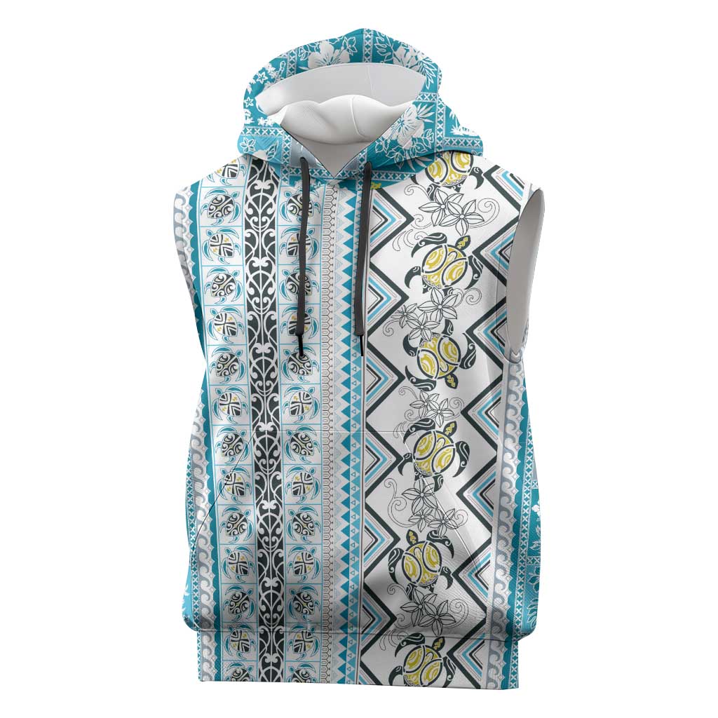 Hawaii Makahiki Turtle Sleeveless Hoodie Blue Tapa Pattern - Polynesian Pride