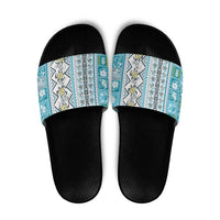 Hawaii Makahiki Turtle Slide Sandals Blue Tapa Pattern - Polynesian Pride