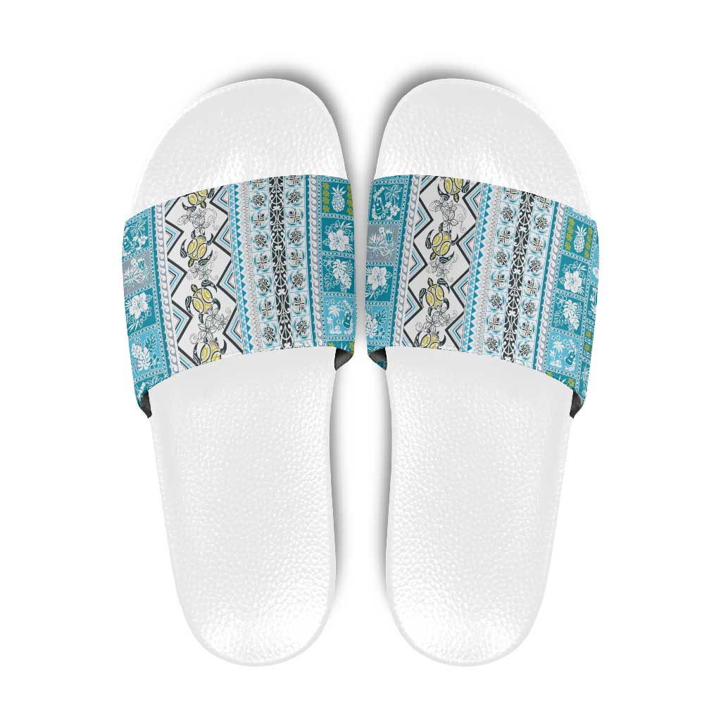 Hawaii Makahiki Turtle Slide Sandals Blue Tapa Pattern - Polynesian Pride