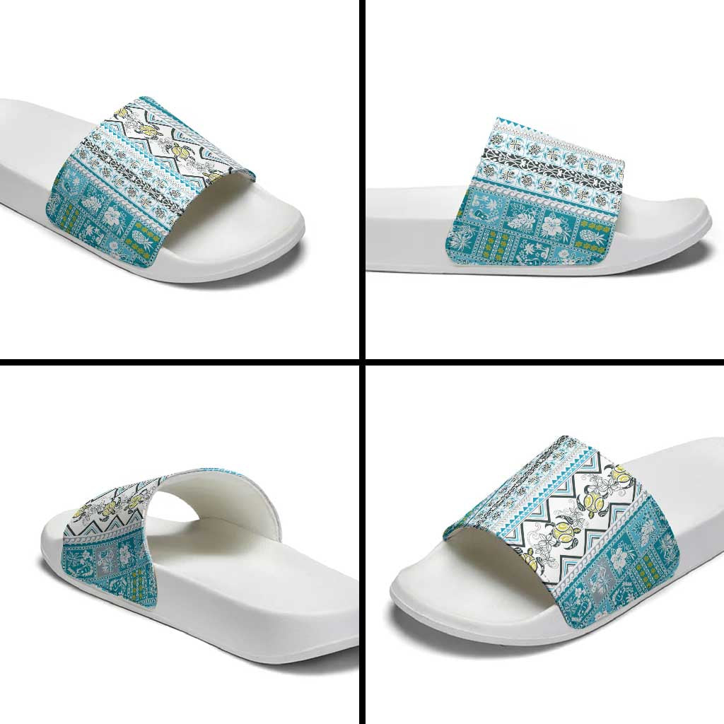 Hawaii Makahiki Turtle Slide Sandals Blue Tapa Pattern - Polynesian Pride