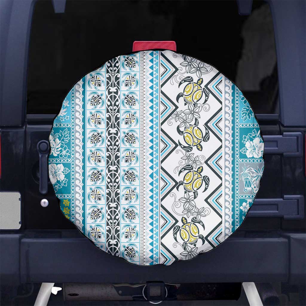 Hawaii Makahiki Turtle Spare Tire Cover Blue Tapa Pattern - Polynesian Pride