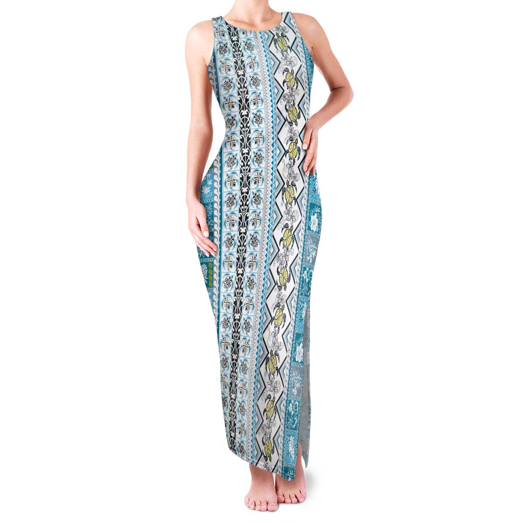 Hawaii Makahiki Turtle Tank Maxi Dress Blue Tapa Pattern - Polynesian Pride