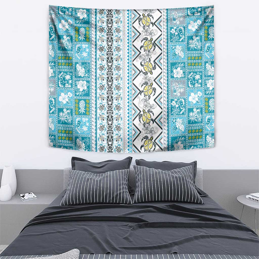 Hawaii Makahiki Turtle Tapestry Blue Tapa Pattern - Polynesian Pride