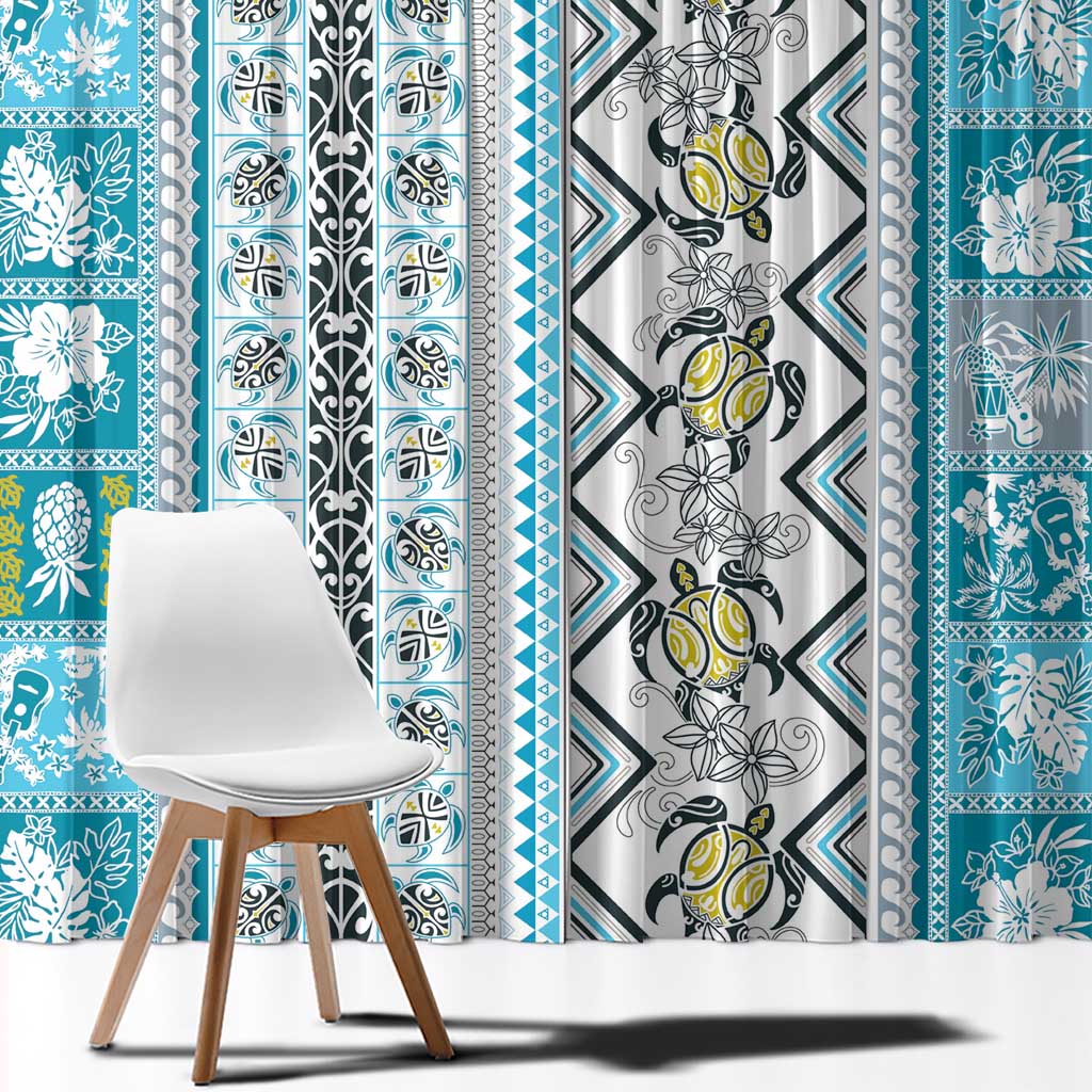 Hawaii Makahiki Turtle Window Curtain Blue Tapa Pattern - Polynesian Pride