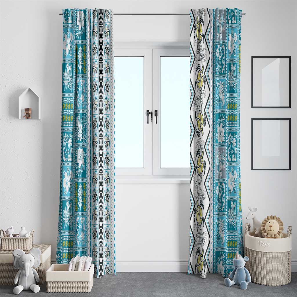 Hawaii Makahiki Turtle Window Curtain Blue Tapa Pattern - Polynesian Pride